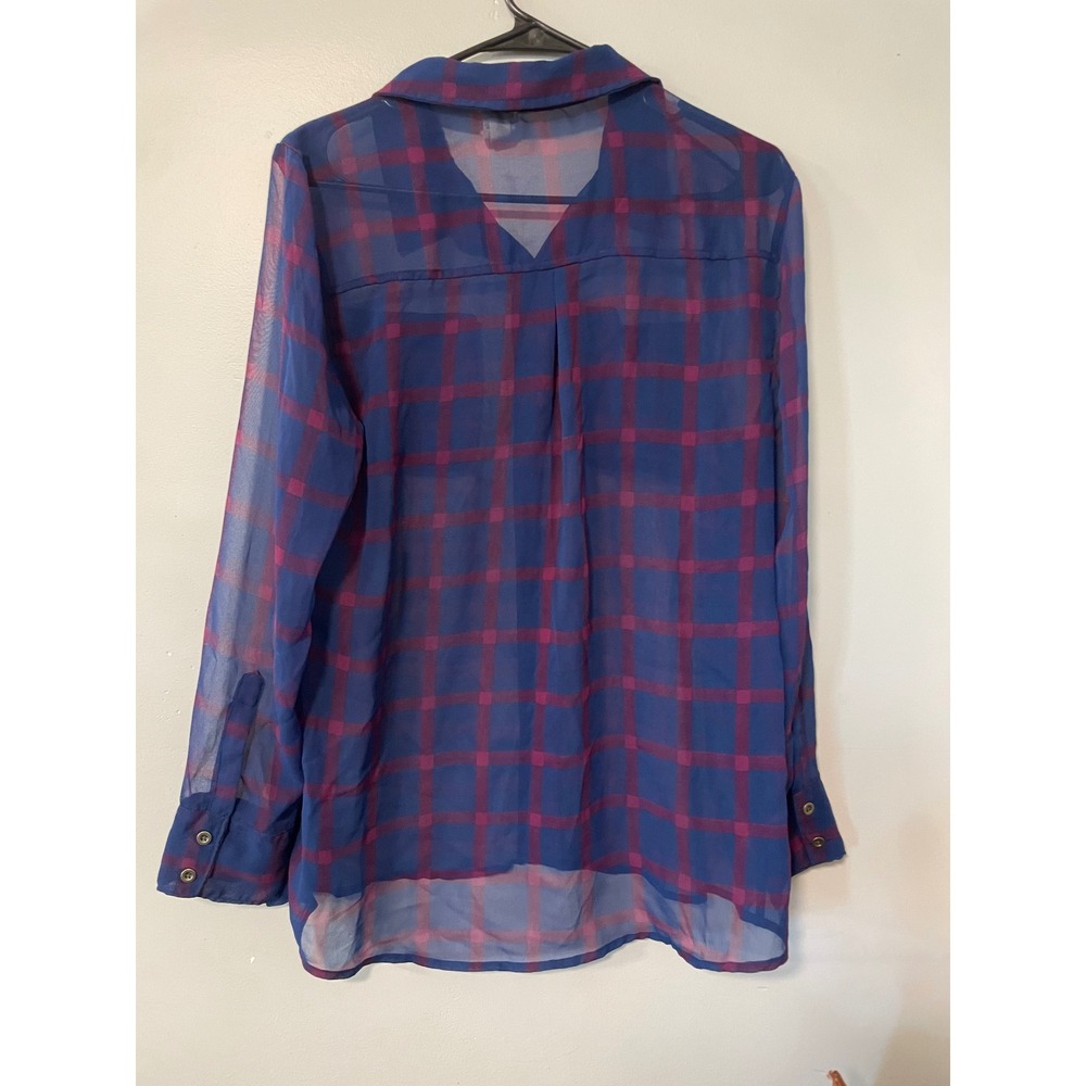 Vintage Mudd Plaid Sheer Button Down Shirt Blue Purple Large - Picture 2 of 5